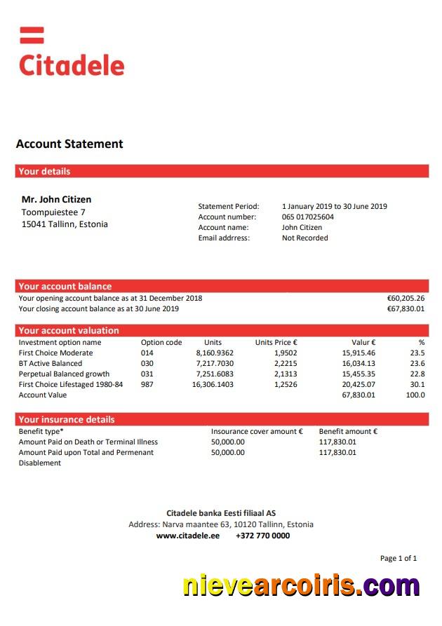 Estonia Citadele Bank statement